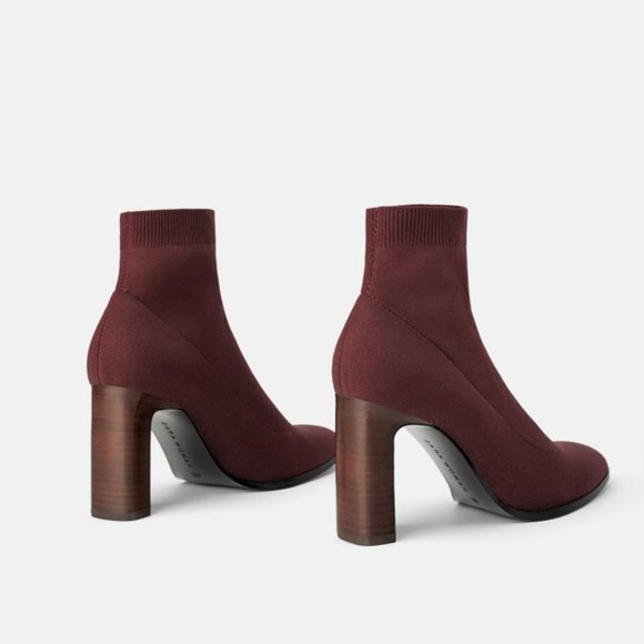 Zara Shoes - Zara Burgundy Red Stretchy Sock Mesh Pointed Toe Comfy Ankle Bootie Wood Heels